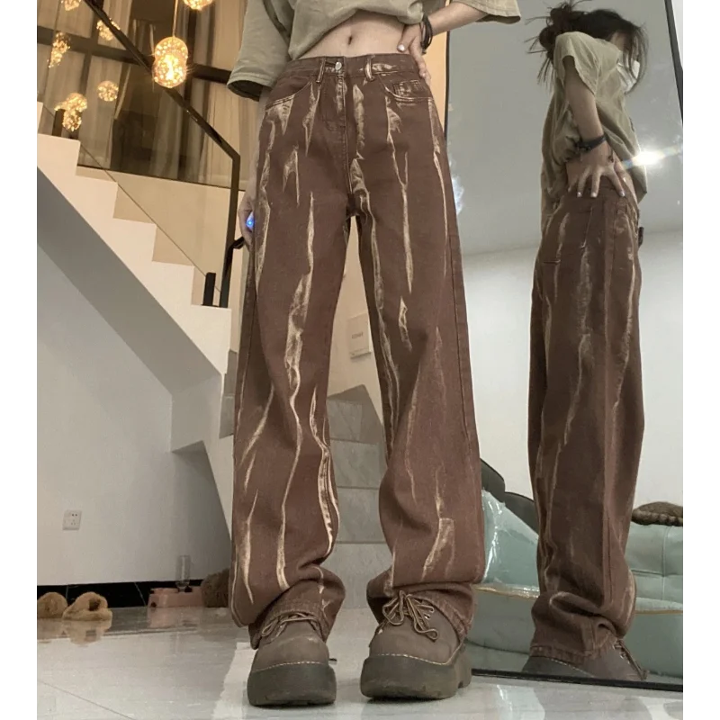 

Коричневые американские джинсы в стиле ретро с принтом тай-дай, прямые свободные утягивающие брюки, новые популярные брюки с мясом для девочек