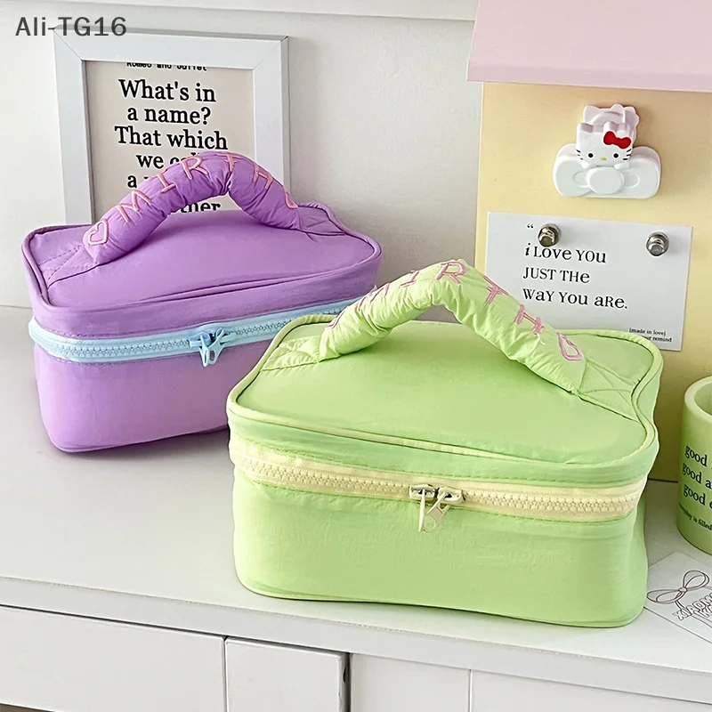 Ins Style بسيط لون الحلوى حقيبة مستحضرات التجميل سعة كبيرة حقيبة يد المحمولة السفر حقيبة أدوات الزينة تخزين أكياس أكياس ماكياج لطيف