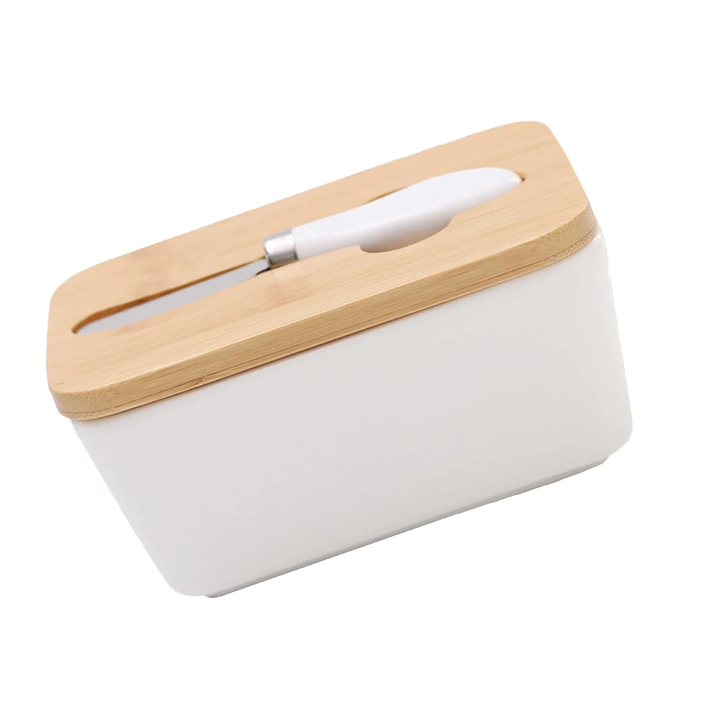 

Butter Box Ceramic Tempered Non Crack Wood Lid Cool Storage Container Food Crock Dish Countertop Sealing Plate