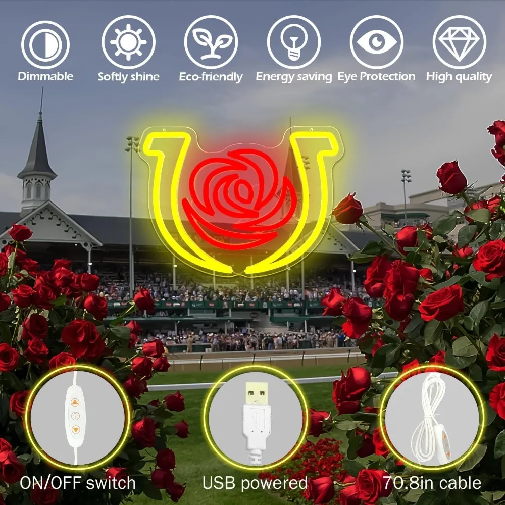 Kentucky Horse Neon Sign Dimmable USB Derby Led Sign Run for The Roses Neon Lights Horse Racing Party Supplies Derby Decorations