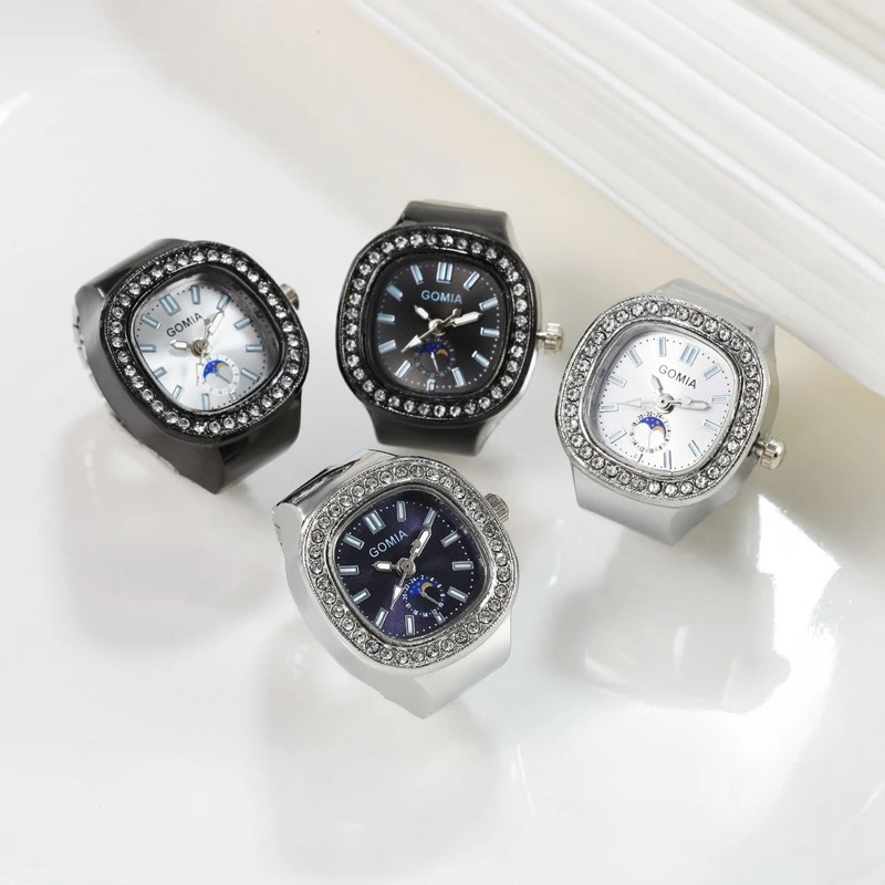 Trendy Automatic Moon Phase Display Watch Ring for Men Women Inlay Zircon Multiple Color Dial Quartz Movement Mini Clock Jewelry