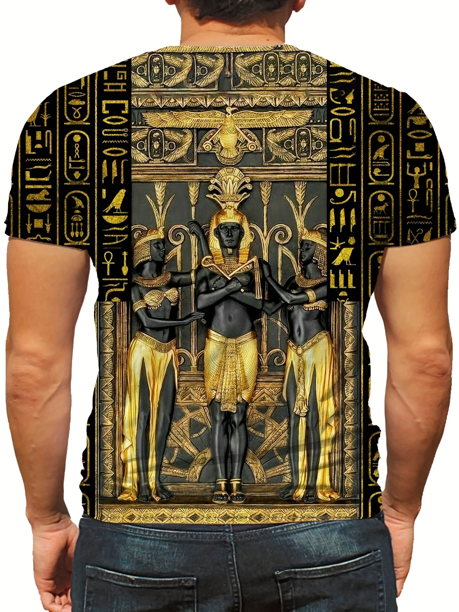 Camiseta de talla grande de manga corta con cuello redondo y estampado de patrón de Egipto en 3D para hombre, camiseta ligera y versátil para uso diario en verano