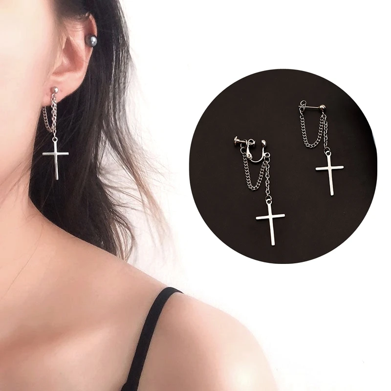 Boucles d'oreilles croix unisexes en acier inoxydable pour femmes, style rock gothique, cadeau de bijoux, 1 paire