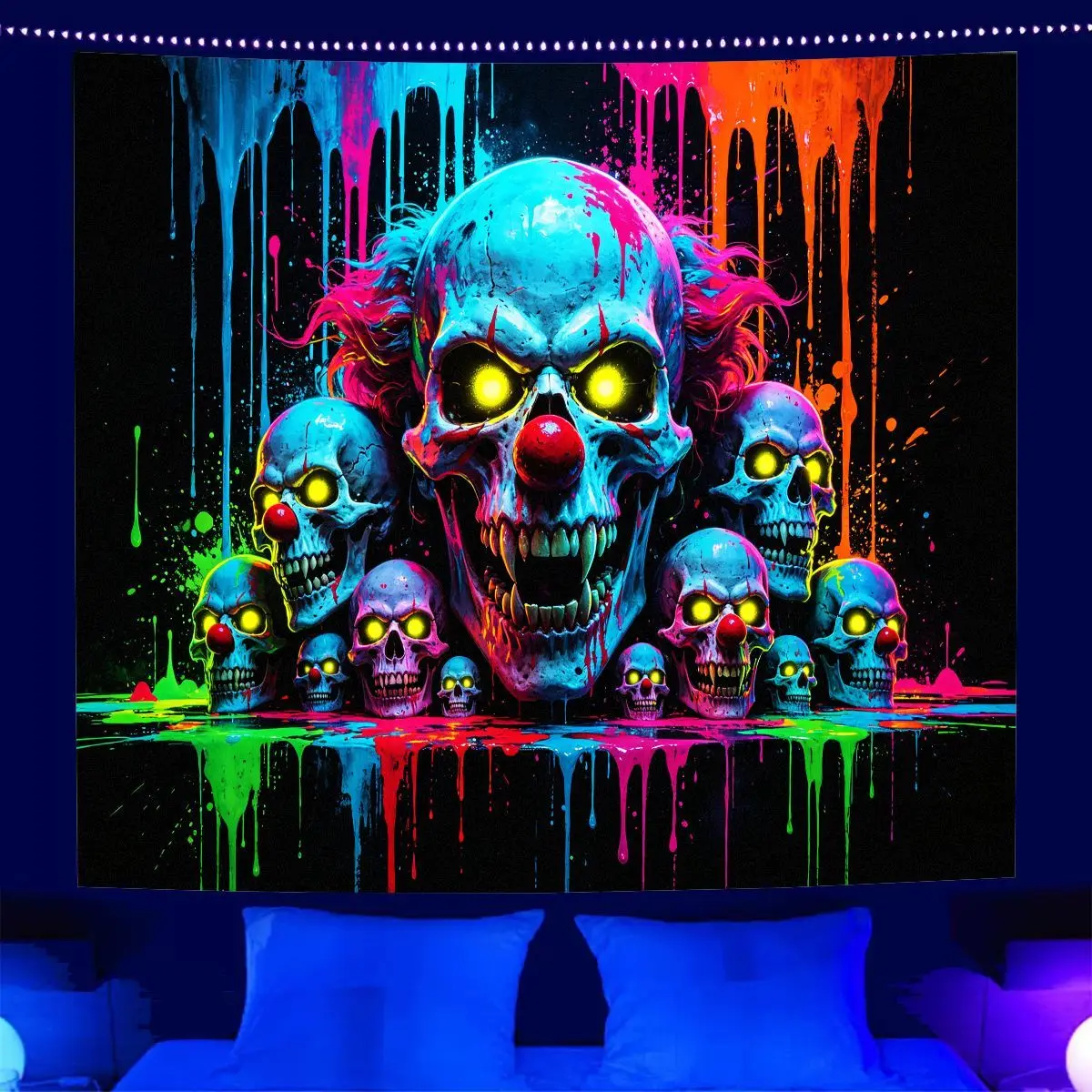VIKAMA Neon-Style Clown Skull Tapestry, Spooky Skull Polyester Wall Hanging, Halloween Wall Decoration for the Bedroom