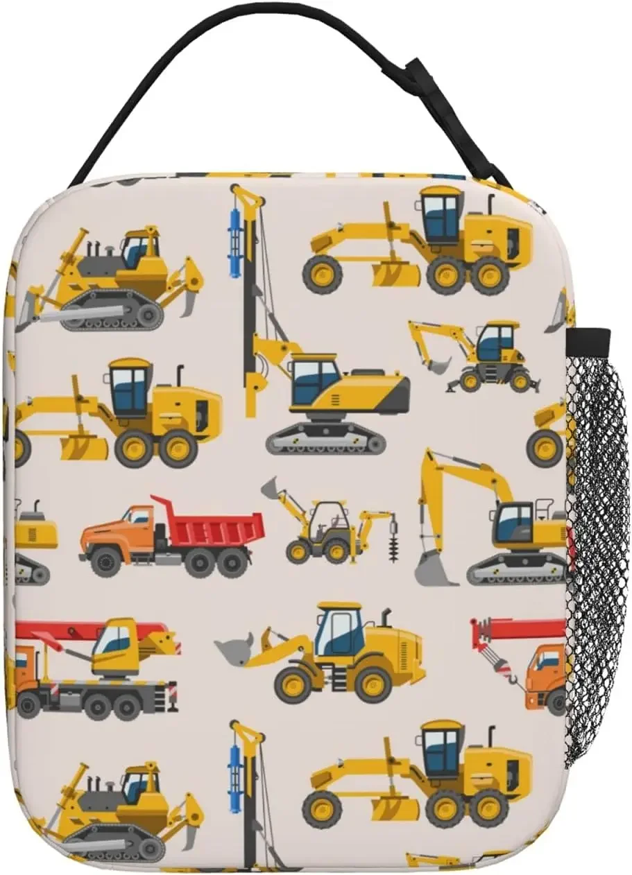 Cartoon Car Toy Machinery Excavator Reusable Lunch Bunch for Women, Thermal Insulated Lunch Box with Pocket