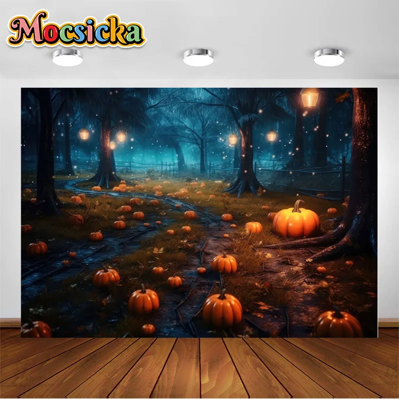 

Halloween Backdrop Fairytale Forest In Mysterious Atmosphere Pumpkins Trees And Green Grass Photography Backgrounds Photozone