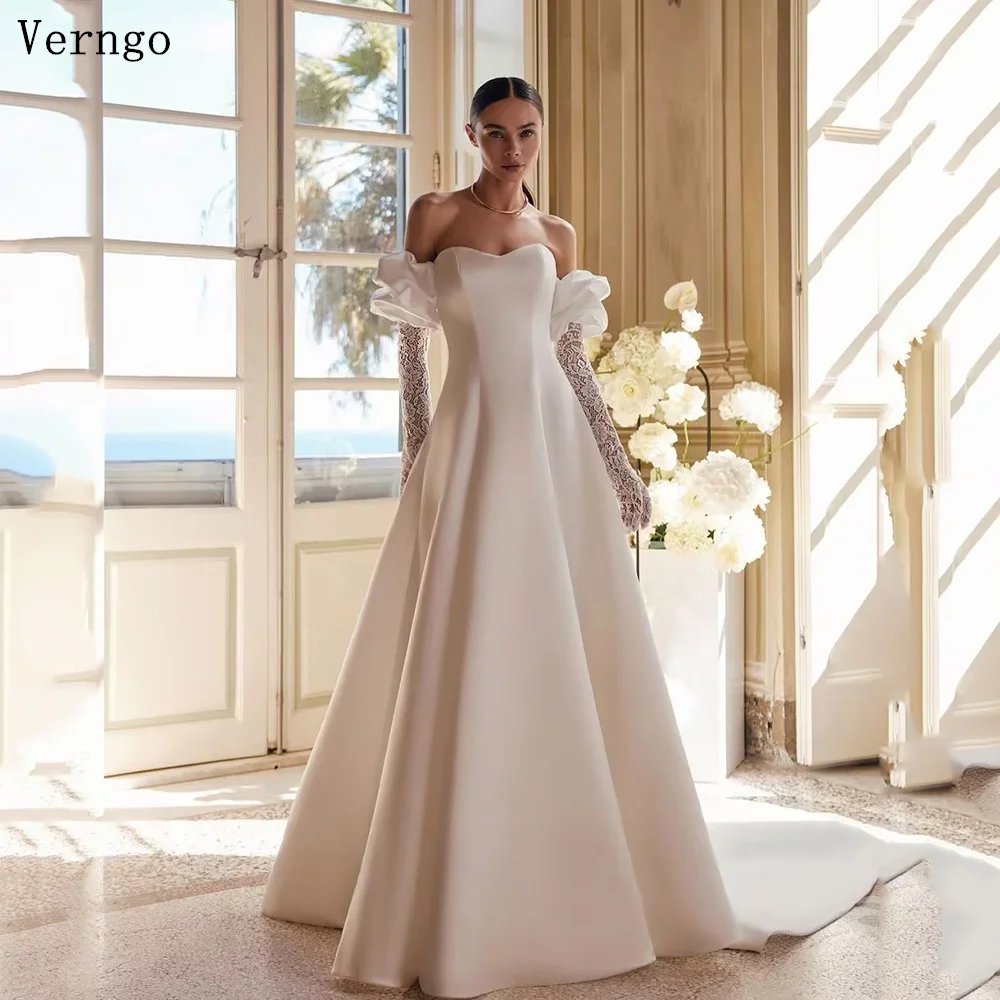 

Verngo lvory Crepe A Line Wedding Dress Off The Shoulder Sweetheart Classy Bride Dress Women Formal 3D Flowers Bridal Gowns