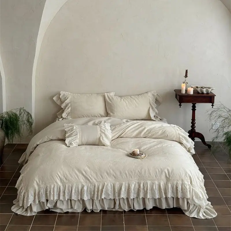 Vintage Jacquard Double Layer Butterfly Lace Ruffles Bedding Set 100% Cotton Jacquard Duvet Cover Bed Skirt Pillowcases 4Pcs