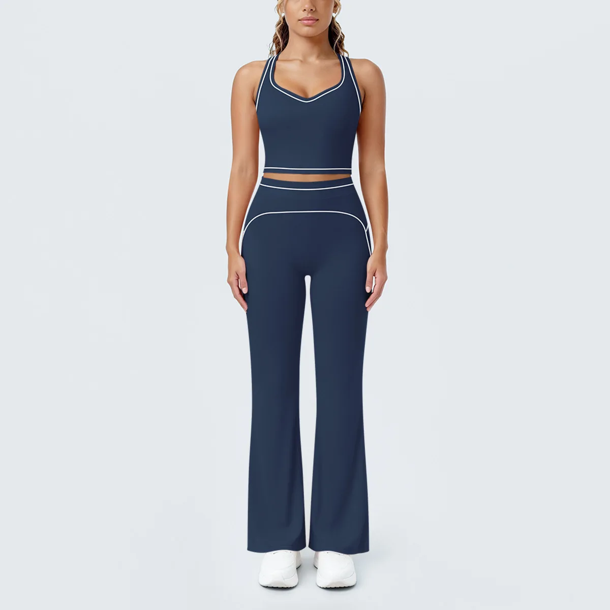 2 Piece Yoga Set Gym Clothing Women Fitness Suit Workout Tracksuit Running Sportswear Outfits Contrast Piping Flare Pants Shorts