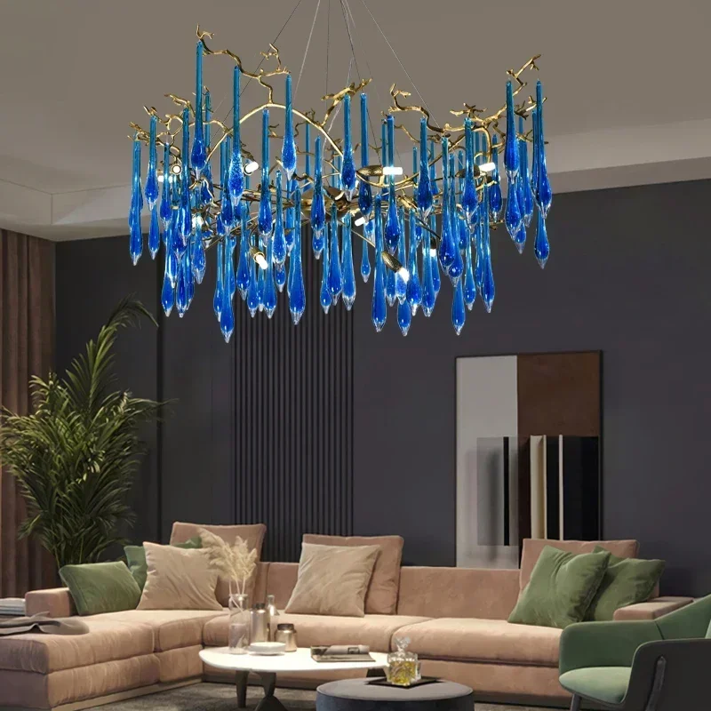 Copper Luxury Blue Crystal Chandelier Customized Villa Living Room Indoor Lighting Club Led Pendant Light