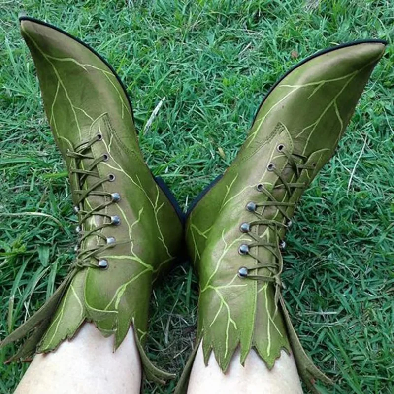 

Women Fairy Cosplay Retro Elf Shoes Faux Leather Poulaine Medieval Costume Prop Gothic Elf Witch Boots Tree Spirit Leaf Boots