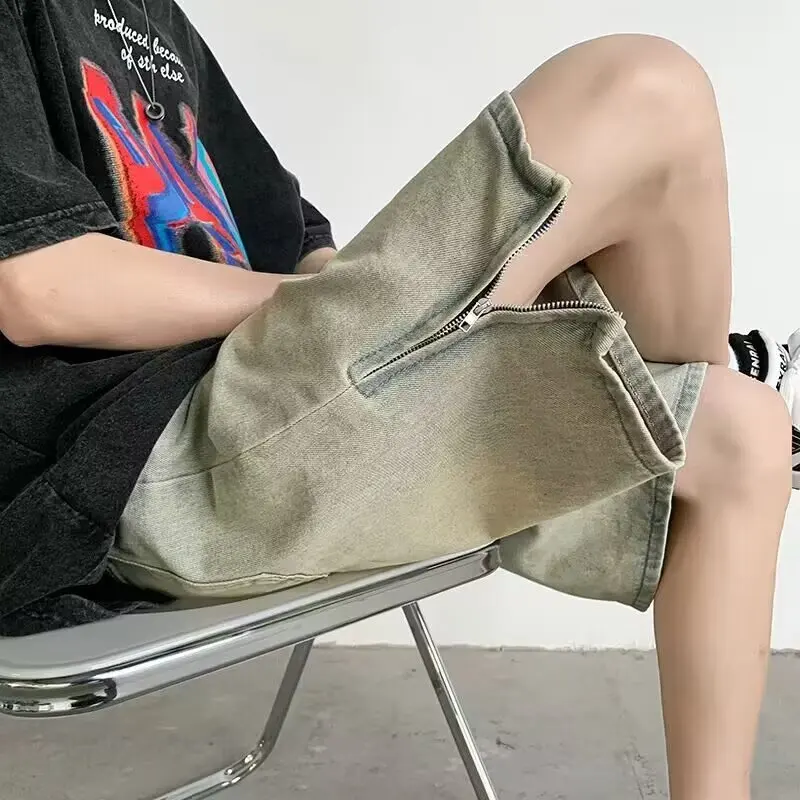 

Summer New Teen American Retro Cowboy Shorts with Men's Design Sense Zipper Loose Trendy Brand High Street Pentagram Pants