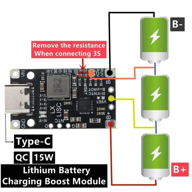 2S 3S Type-C USB BMS 15W 8.4V 12.6V 1.5A Moduł zwiększający ładowanie baterii litowej ze zrównoważonym wsparciem Szybkie ładowanie ze wskaźnikiem