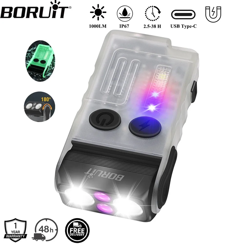 BORUiT V20-1 Keychain EDC LED UV Flashlight Type-C Rechargeable Torch Buzzer Work Light with Clip Magnet Camping Pocket Lantern