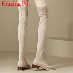 Krazing Pot 2023 Design Med Heels Thin Leg Square Toe Winter Shoes England Style New Stretch Boots Slip on Over-the-knee Boots