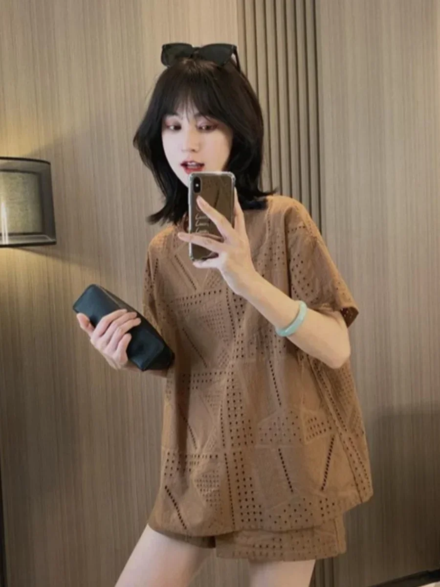 

Women T-Shirt Shorts Suit Set Casual Loose Tshirt and Wide Leg Shorts with Female Summer Shorts Sets E5408
