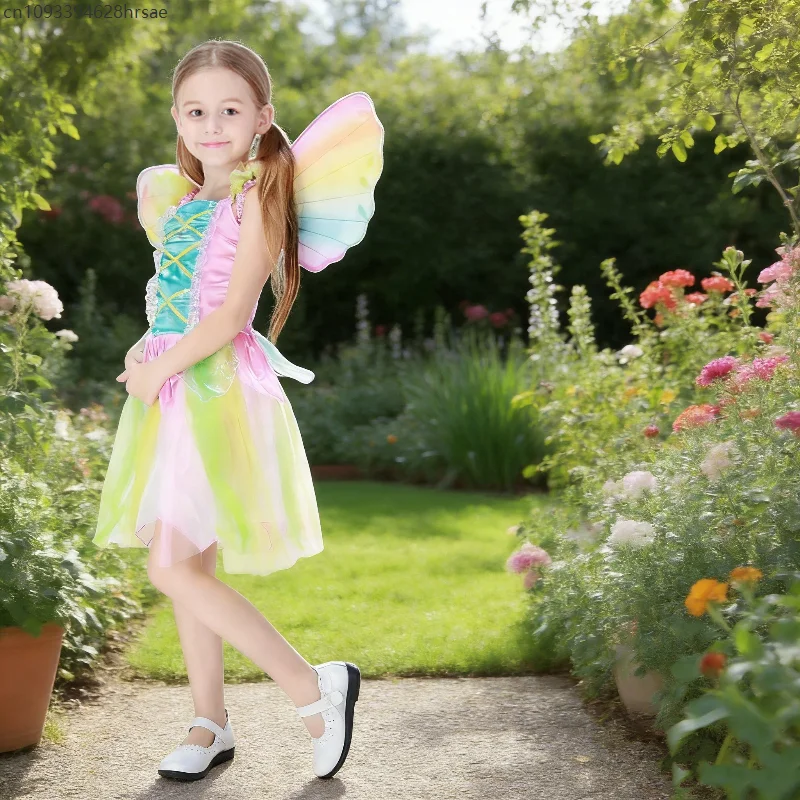 

Flower Elf fille Fairy Costume Rainbow Wings Princess Dress Carnival Party Cosplay Performance Outfit World Book Day Outifits