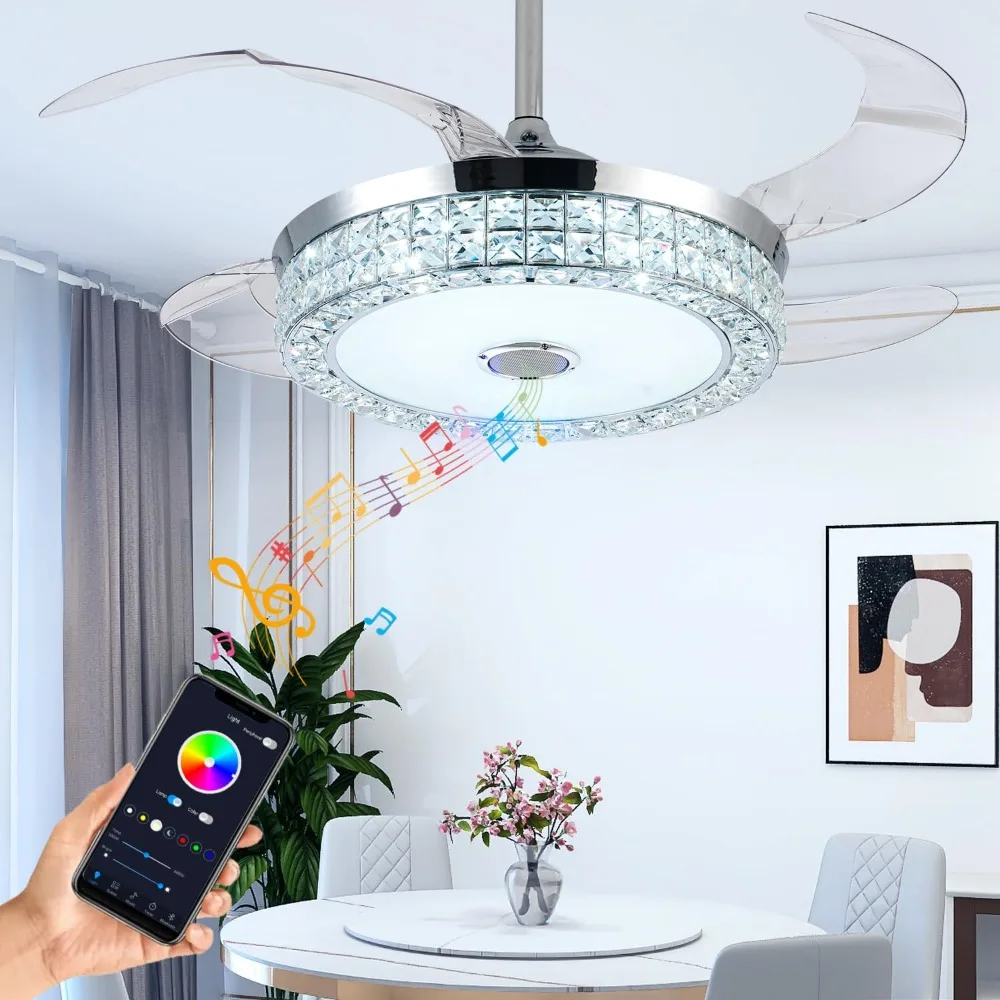 

42" Retractable Bluetooth Ceiling Fan with Speaker, 6 Speed Crystal Modern Invisible Fan with Light, Remote and APP Control