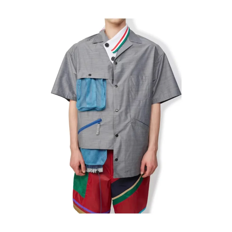 23SS KOLOR Abe Junichi Japanese two-color irregular lapel mesh color-blocked short-sleeved shirt