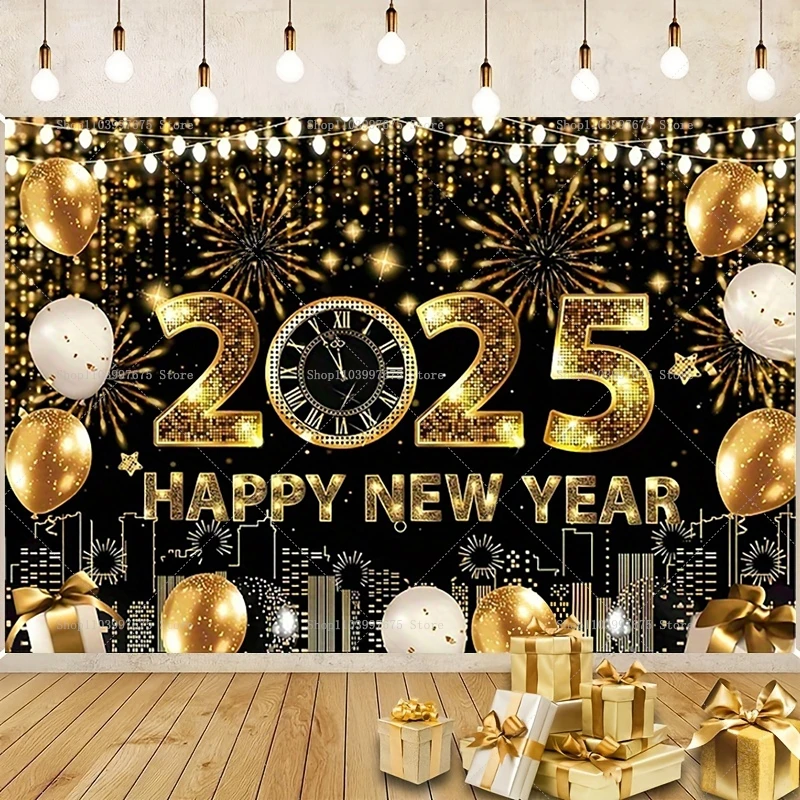 2025 Happy New Year Photography Background Gold Balloon Fireworks and Clocks Family Eve Party Celebrate Banner Photo Backdrops