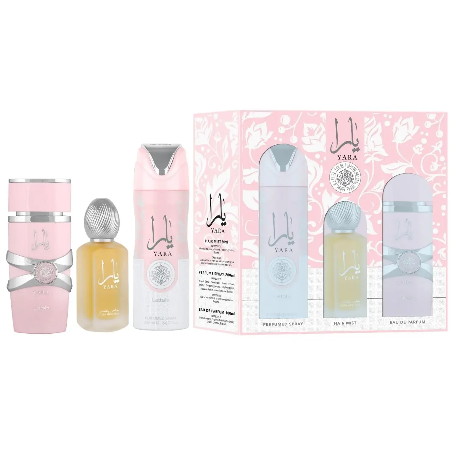 Lattafa Yara For Women 3Piece Set 3.4 Oz Eau de Parfum Spray + 1.7 Oz Hair Mist + 6.7 Oz Deodorant Spray Sweet Pheromone Perfume