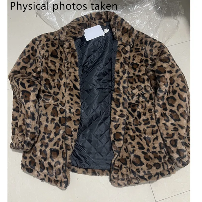 Chaqueta con estampado de leopardo para mujer, Parkas cálidas con cuello levantado, prendas de vestir, abrigos de piel sintética holgados coreanos para otoño e invierno 2024