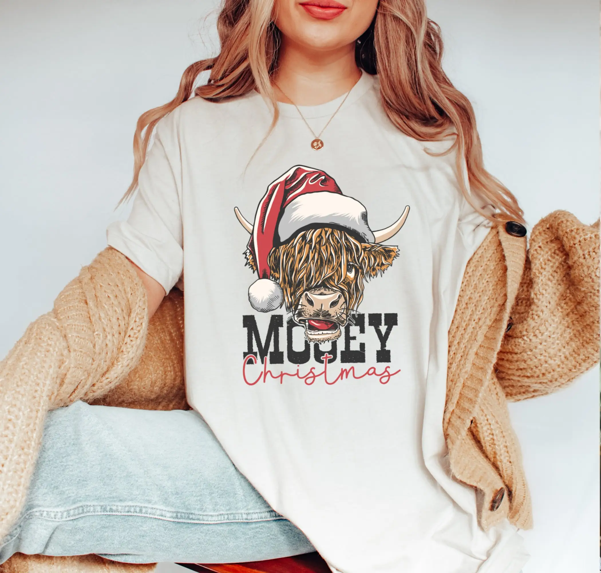 Mooey Christmas T Shirt Merry Cow for Women Crewneck