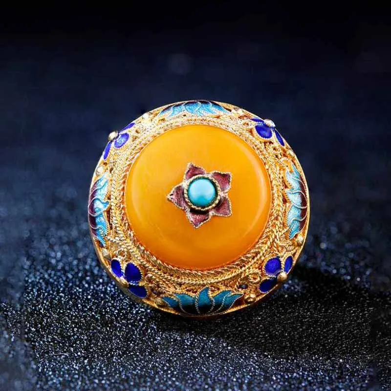 Ancient gold craftsmanship natural yellow chalcedony lotus enamel porcelain rings for women palace style luxury dinner jewelry