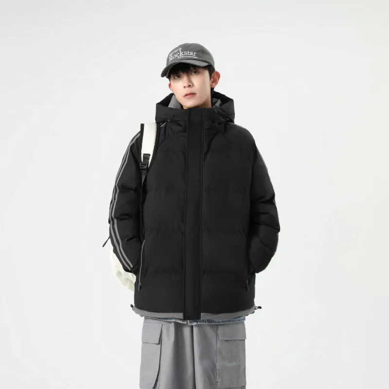 Striped Parkas Men Hooded Parka Zipper Long Sleeve Jacket Outerwear Cardigan Coats Warm Pockets High Street 2025 Winter
