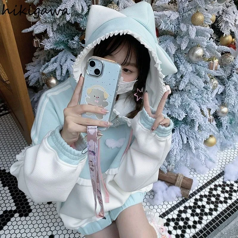 Contrast Color Sweet Hoodie Women\'s Clothing Thicked Hooded Kawaii Y2k Tops 2024 Ropa Mujer Casual Fashion Japanese Sweatshirts