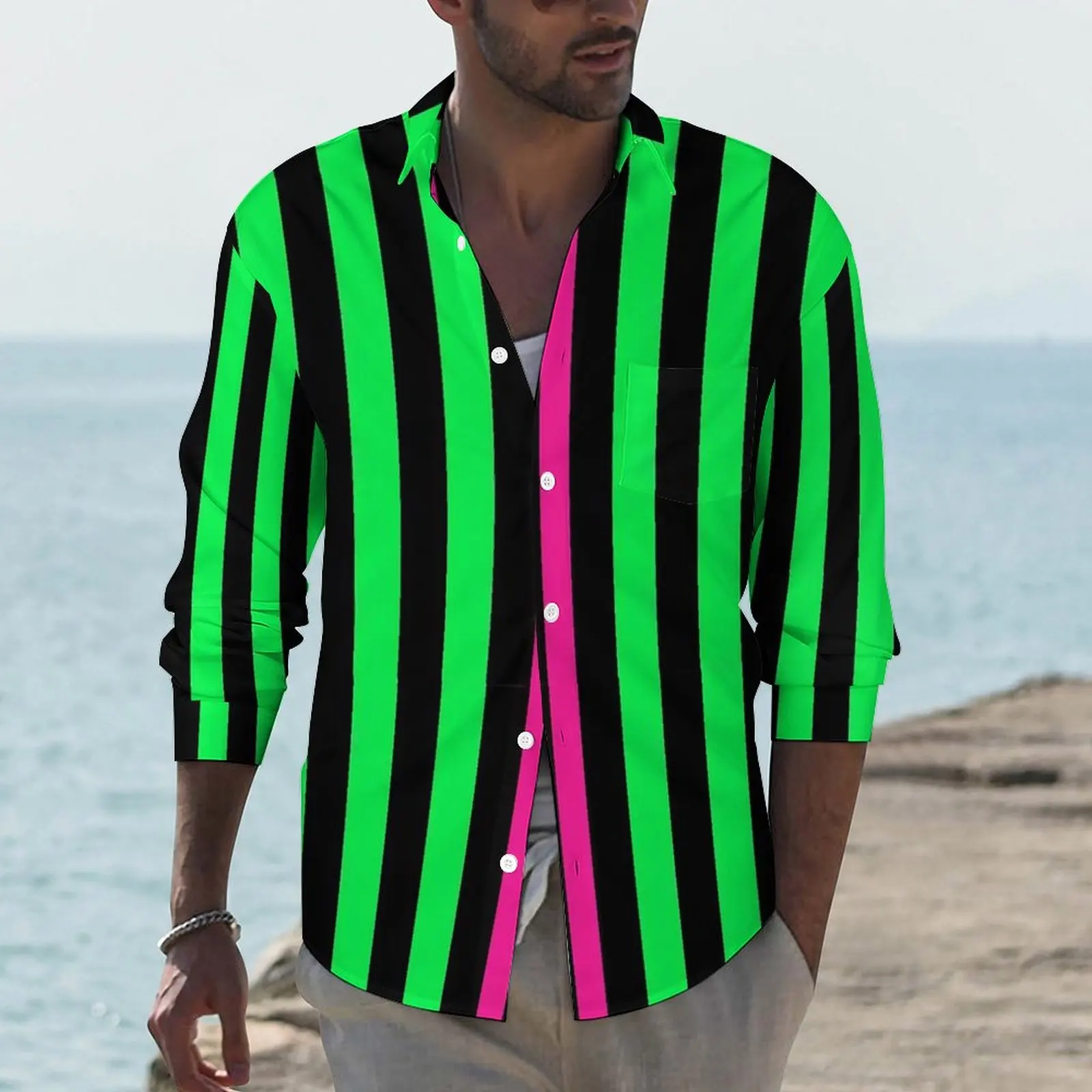 Colorblock Shirt Male Neon Green Stripes Casual Shirts Autumn Graphic Blouses Long Sleeve Vintage Oversize Tops Birthday Gift