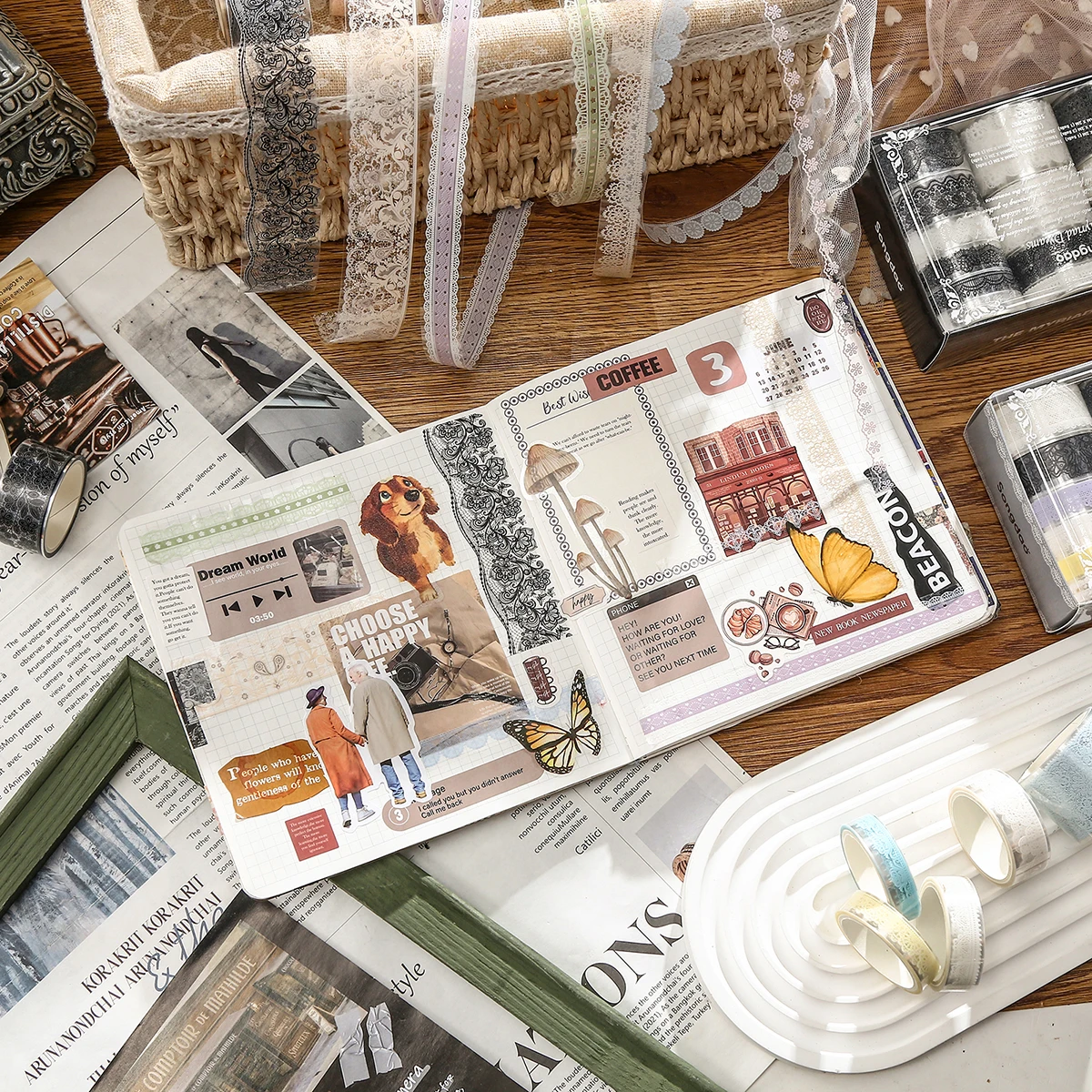 15 لفة/صندوق شريط نمط الدانتيل، متوفر بألوان مختلفة، مناسب لتزيين ألبوم دفاتر الملاحظات بنفسك، مادة PET مقاومة للماء