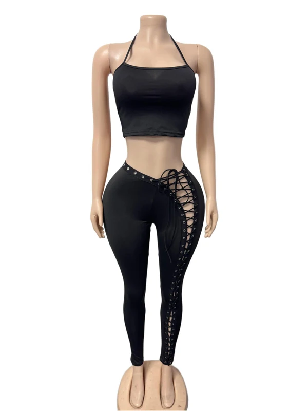 JENYAGE Damen Sexy Y2K 2-teiliges Set mit Spaghettiträgern, Crop-Top, Leopardenmuster, hochtaillierte, seitlich geschnürte, dehnbare Skinny-Hose, Clubwear-Set – Detail 9