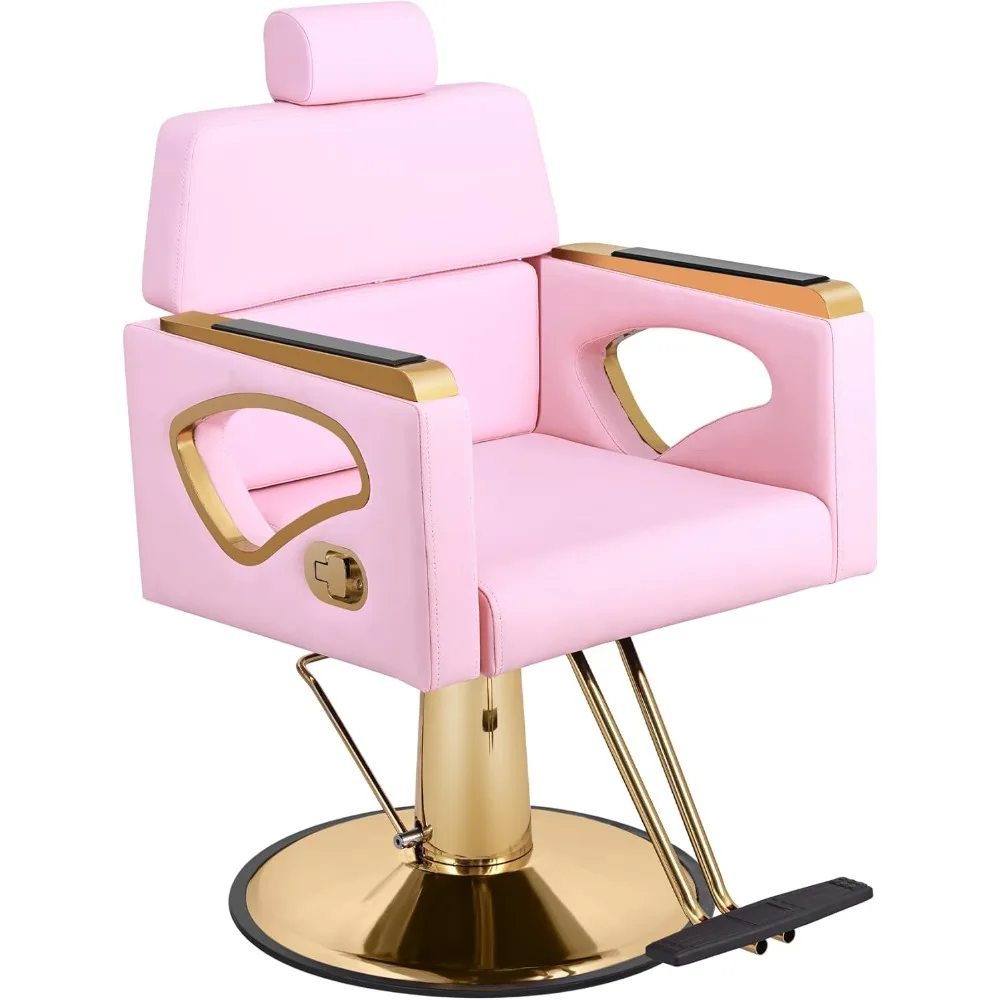 Pink Salon Chair Barber Chair, Professional Hydraulic Styling Chair for Hair Stylist, 135°Recline, Removable Headrest