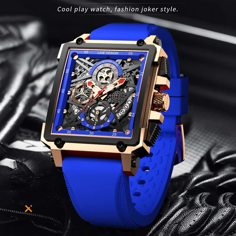 LIGE Men's Sports Chronograph Wrist Watch For Men Army Silicone strap Square Quartz Stop Watch Clock Man Relogios Masculino