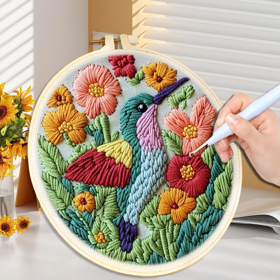 

CHENISTORY Punch Needle Embroidery Kit for Beginners Hummingbird Pattern DIY kit Craft Set with Hoop Needle Art Sewing Home Wall