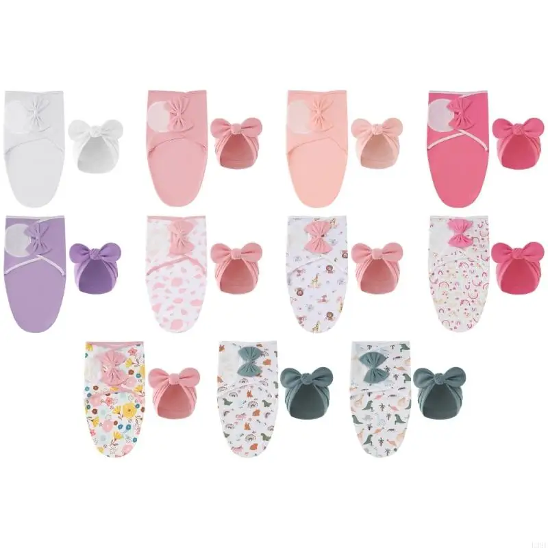 

L38E 1 Set Newborns Swaddles Wrap Towel And Matching Bowknot Hat for 0-1 Month Baby