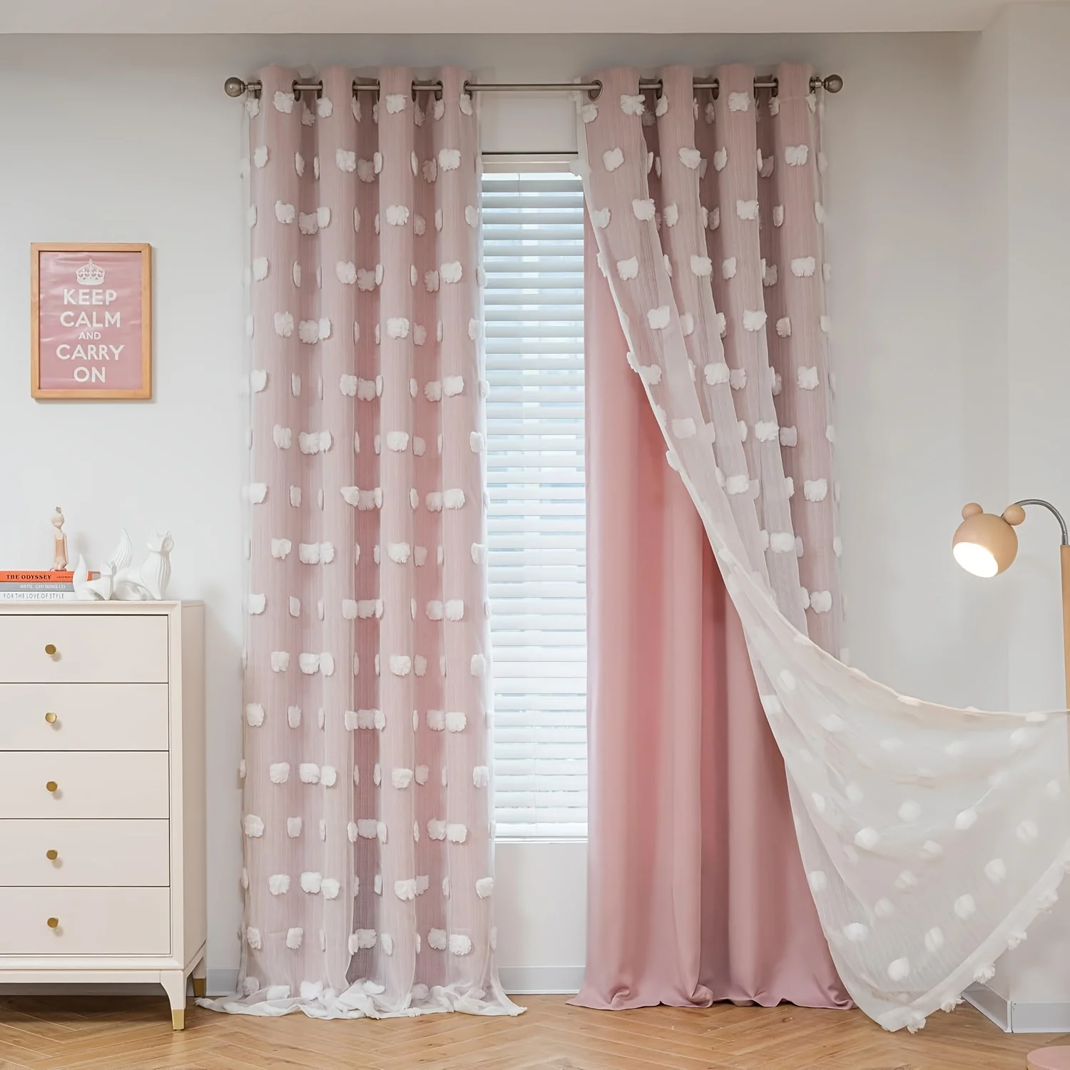 

Pink Curtains For Living Room Long Pom Pom White Sheer Curtains Double Layer For Bedroom Grommet Room Darkening Window 2 Panels