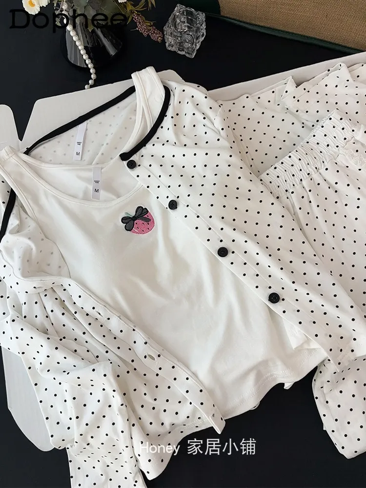 

Korean sweet girl polka dot pajamas summer new modal long-sleeved vest three-piece casual cute outdoor loungewear
