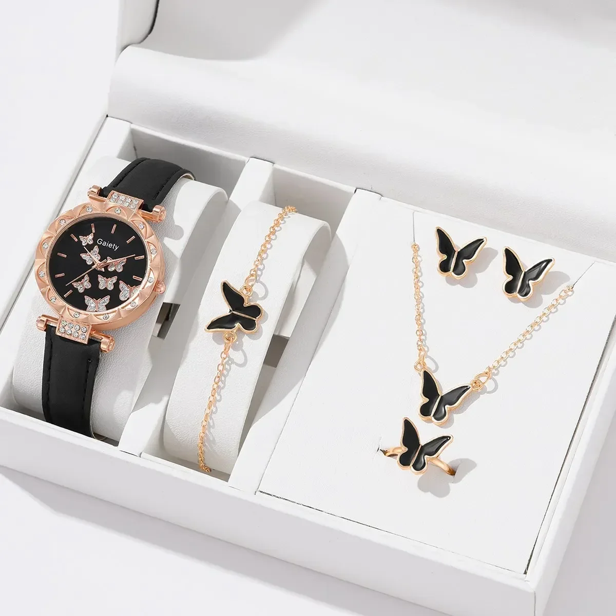 Conjunto de reloj con diamantes de imitación para mujer, accesorio de pulsera con cristal de mariposa, anillo, collar, pendientes, sin caja, 6/1