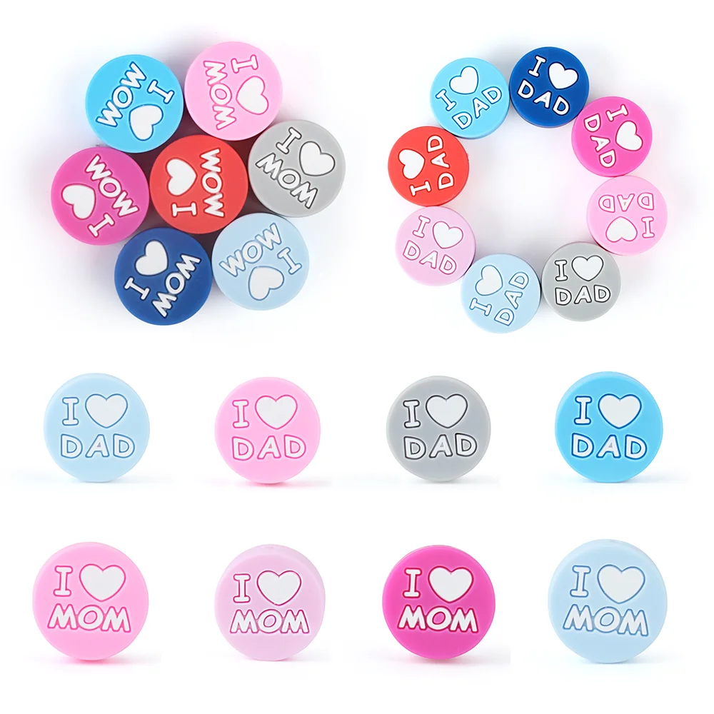 5/10Pcs/lot Silicone Beads I Love Mom Dad Round Focal Beads For Making Jewelry DIY Keychain Beaded Pen Necklace Accessorise