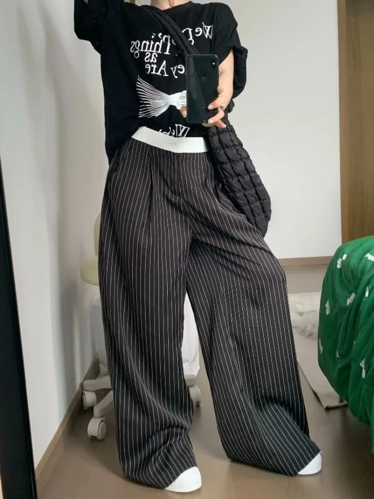 HOUZHOU Black Striped Suit Pants Woman Baggy Y2k Vintage Korean Style Trousers Oversize Harajuku Fashion Office Lady Slacks