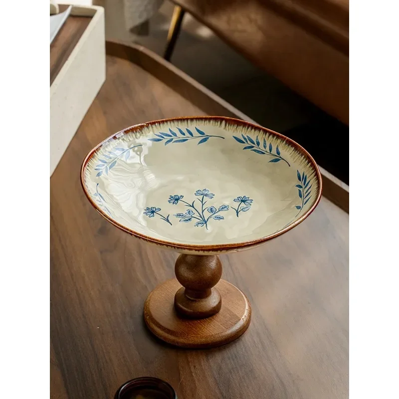 Retro Ceramic High-legged Fruit Tray for Living Room Tea Snacks Bitter Orange Tray Luxury Dry Fruit Tray Microwave Not Supported