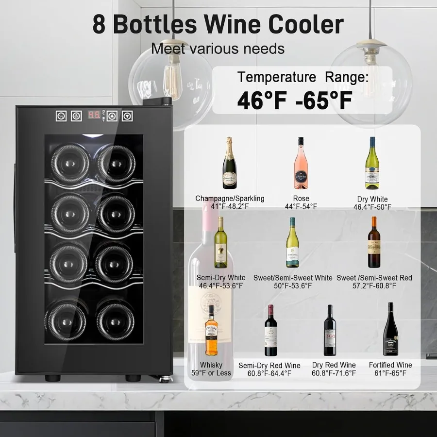8 Bottle Wine Fridge with Low-E Tempered Glass Door for Optimal Temperature Control and UV Protection LED Touchscreen Display w