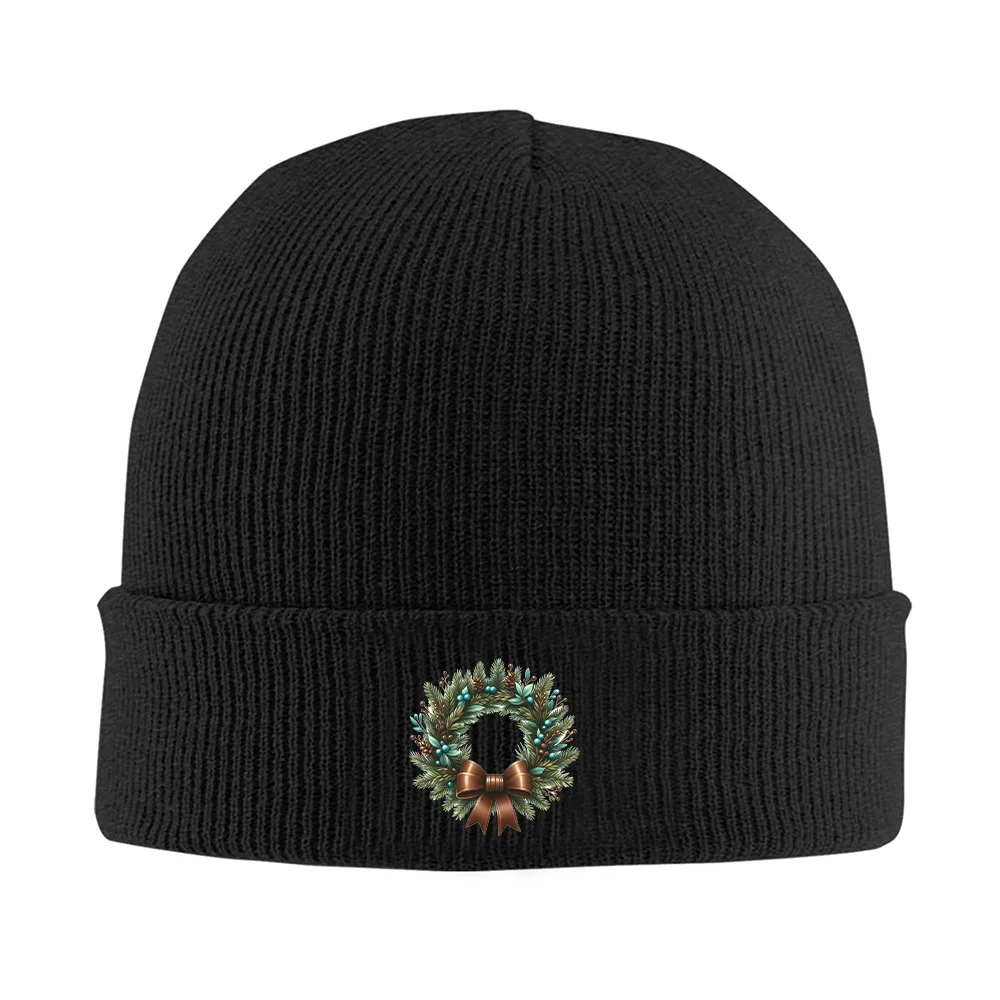 1pc Winter Knit Beanie Hat with Pine Branch Pinecone Design Windproof Warm Ski Hat for Men & Women, Christmas Wreath Style