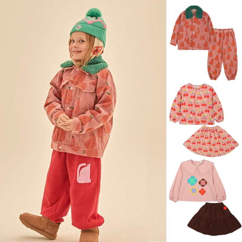 

Children's Jacket Set 2025 Winter New Arrival Faux Fur Collar Boys' Girls' Coat 100% Cotton Cherry Print Long-Sleeve Shirt Skirt
