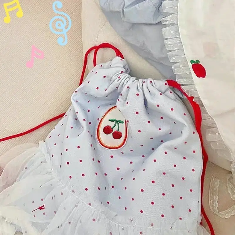 Sweet Y2k Aesthetic Cherry Dots Lace Backpack Japanese Kawaii Fashion Girls Schoolbags Women Chic All Match Drawstring Backpacks