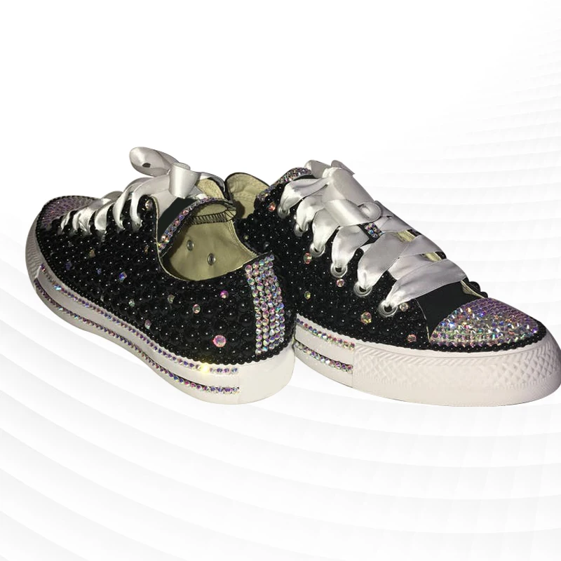 Fashionable black pearl rhinestones fashion ribbon high top canvas shoes popular comfortable casual sneakers