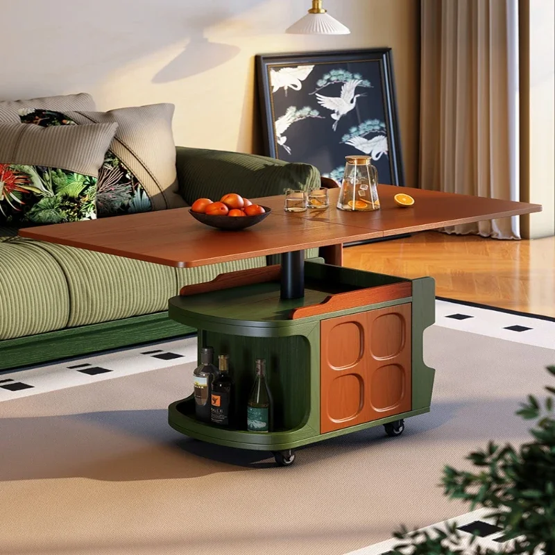 Retro style mobile folding coffee table movable lifting rotating side table