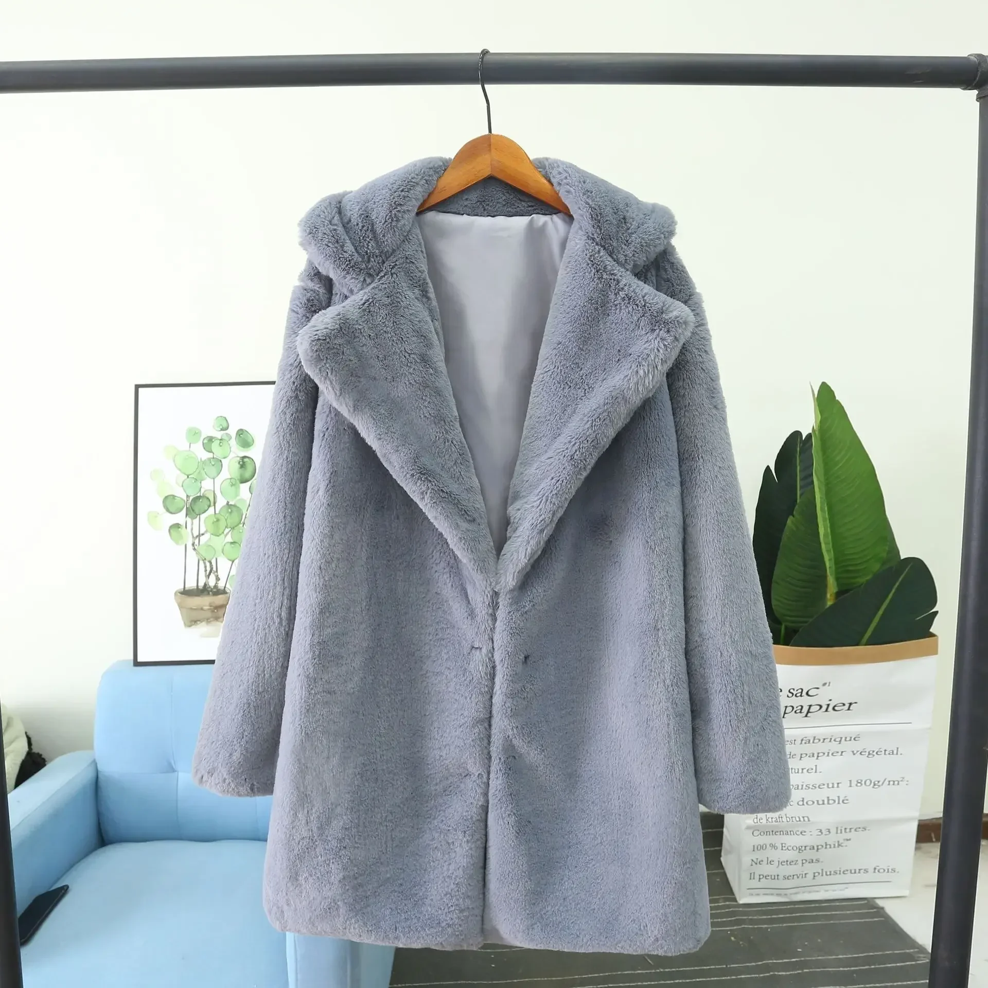 Casaco longo de pele sintética para mulheres, sobretudo para meninas, casacos grossos de pele falsa, blusão extragrande, outerwear feminino, solto e quente, azul, 4XL, inverno